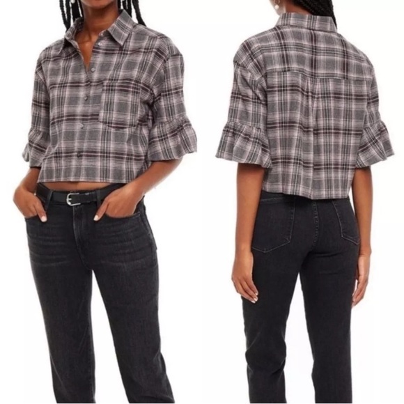 Cinq A Sept Emile Grey Plaid Button Front Crop Top Collared Shirt Cropped Cotton - Picture 2 of 12